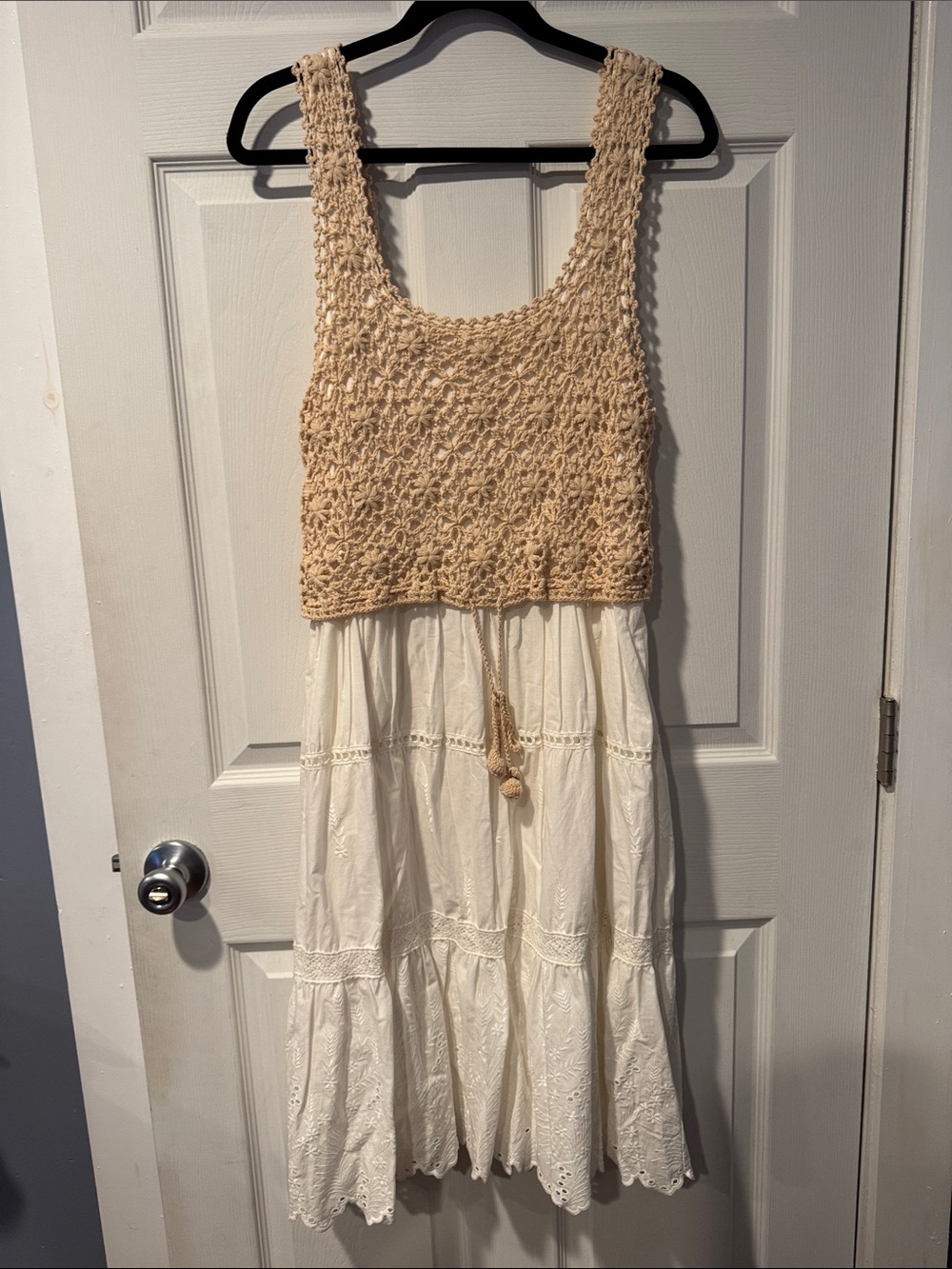 Anthropologie Beige Crochet Bodice Ivory Tiered Midi Dress